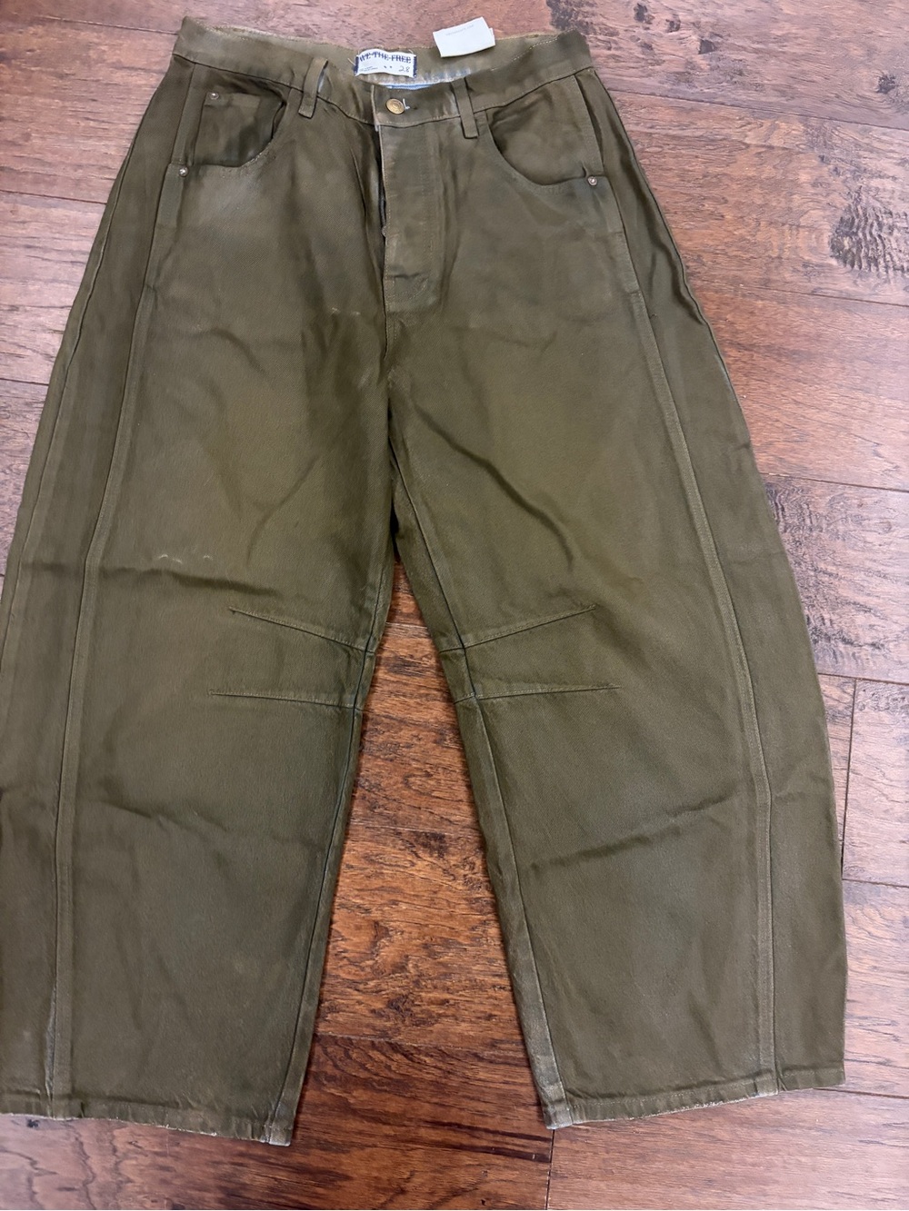 Free People We the Free Olive Green Barrel Jeans Size 28 Button Fly